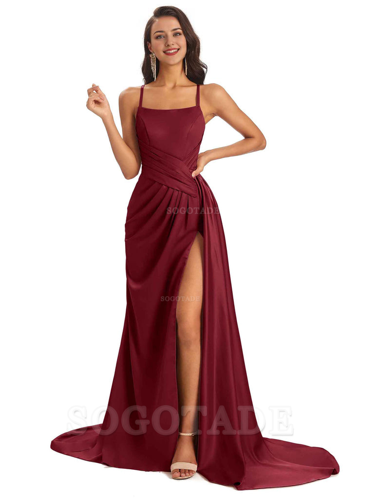 Sexy Soft Satin Side Slit Spaghetti Straps Long Maxi Bridesmaid Dresses prom shop dresses