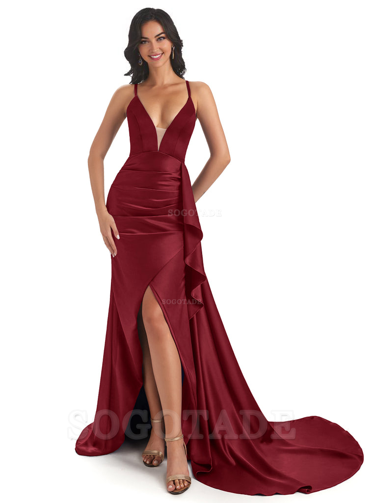 Sexy Spaghetti Straps Soft Satin Side Slit Pleats Unique Mermaid Bridesmaid Dresses prom shop dresses ﻿