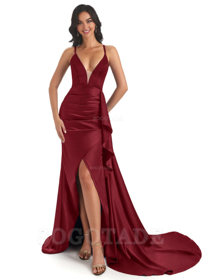 Sexy Spaghetti Straps Soft Satin Side Slit Pleats Unique Mermaid Bridesmaid Dresses prom shop dresses ﻿