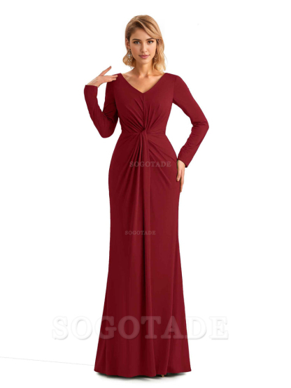 Elegant Simple Mermaid Pleats V-neck Long-Sleeves Floor Length Long Formal Bridesmaid Dresses