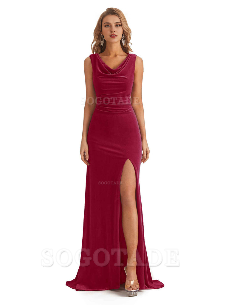 Sexy Mermaid Cowl Velvet Long Open Back Side Fork Bridesmaid Dresses Formal Wear Dresses