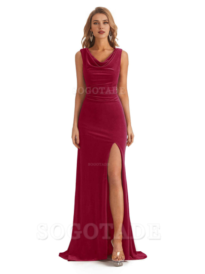 Sexy Mermaid Cowl Velvet Long Open Back Side Fork Bridesmaid Dresses Formal Wear Dresses