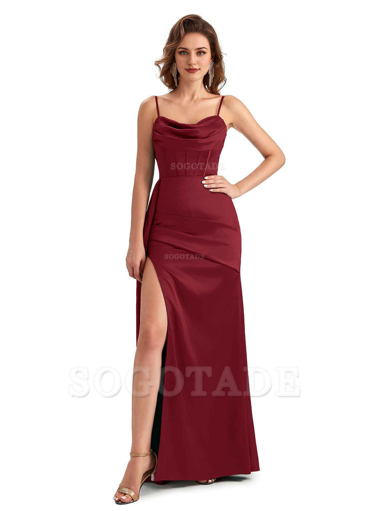 Sexy Side Slit Mermaid Silky Satin Spaghetti Straps Unique Wedding Guest Dresses