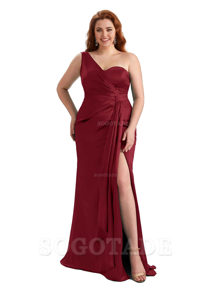  Sexy One Shoulder Side Hight Slit Mermaid Satin Floor Length Long Plus Size Bridesmaid Dress For Wedding