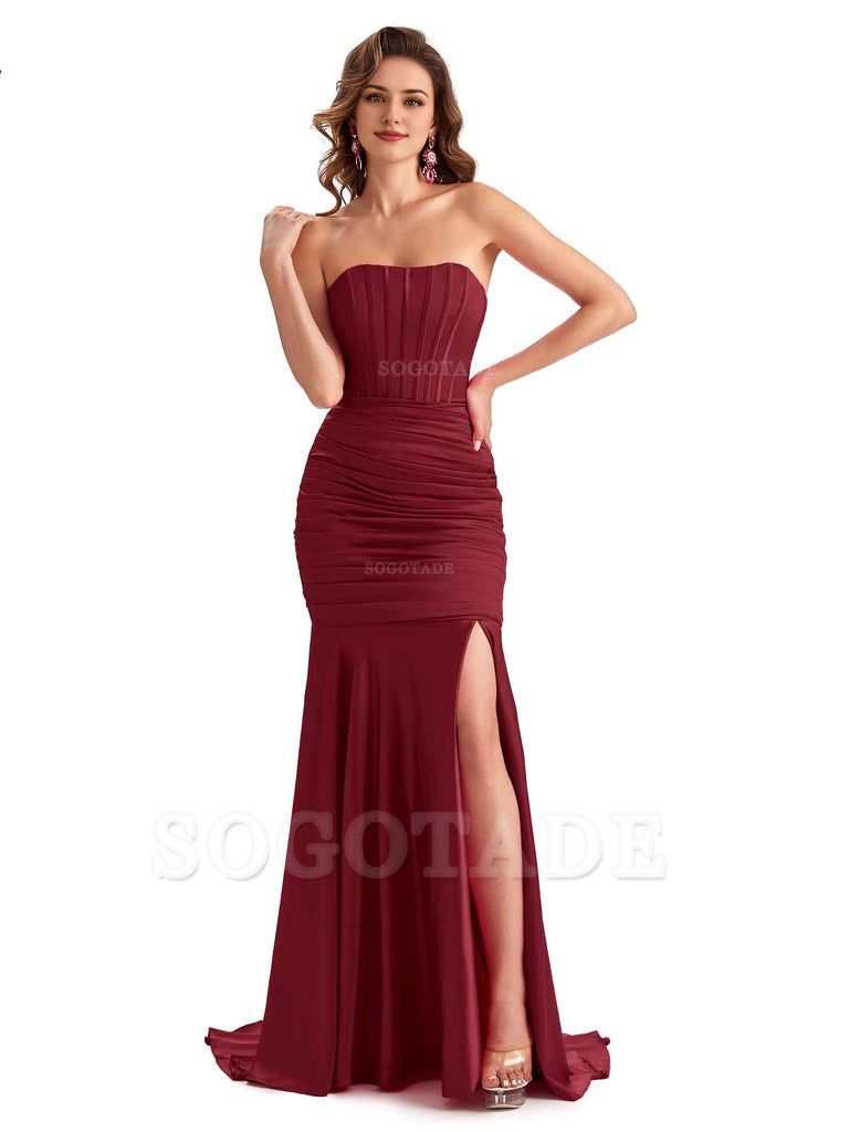 Sexy Strapless Side Slit Mermaid Silky Satin Formal Bridesmaid Dresses