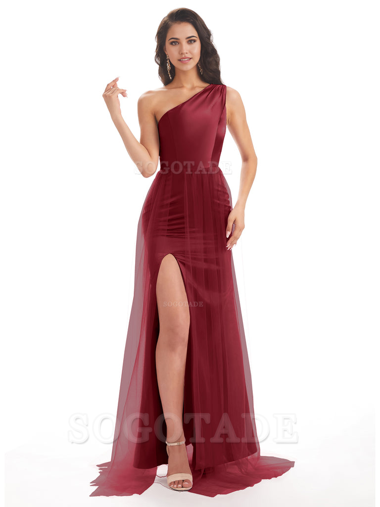 Mermaid One Shoulder Satin Side Slit Tulle formal dresses evening gown Bridesmaid Dresses