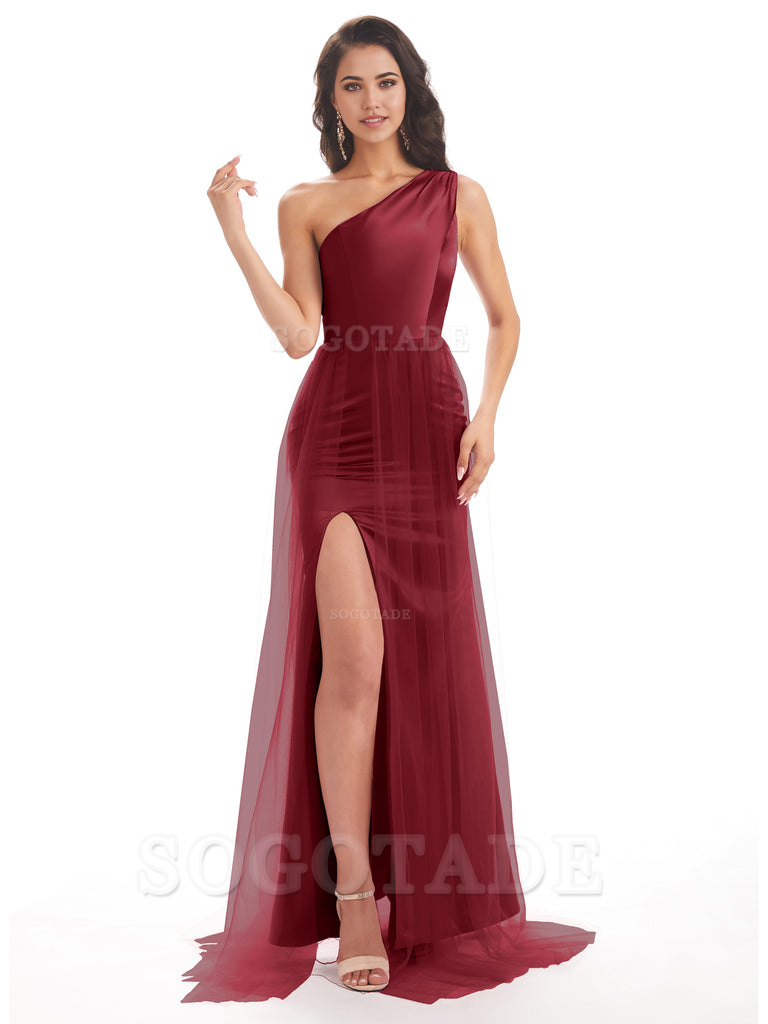 Mermaid One Shoulder Satin Side Slit Tulle formal dresses evening gown Bridesmaid Dresses