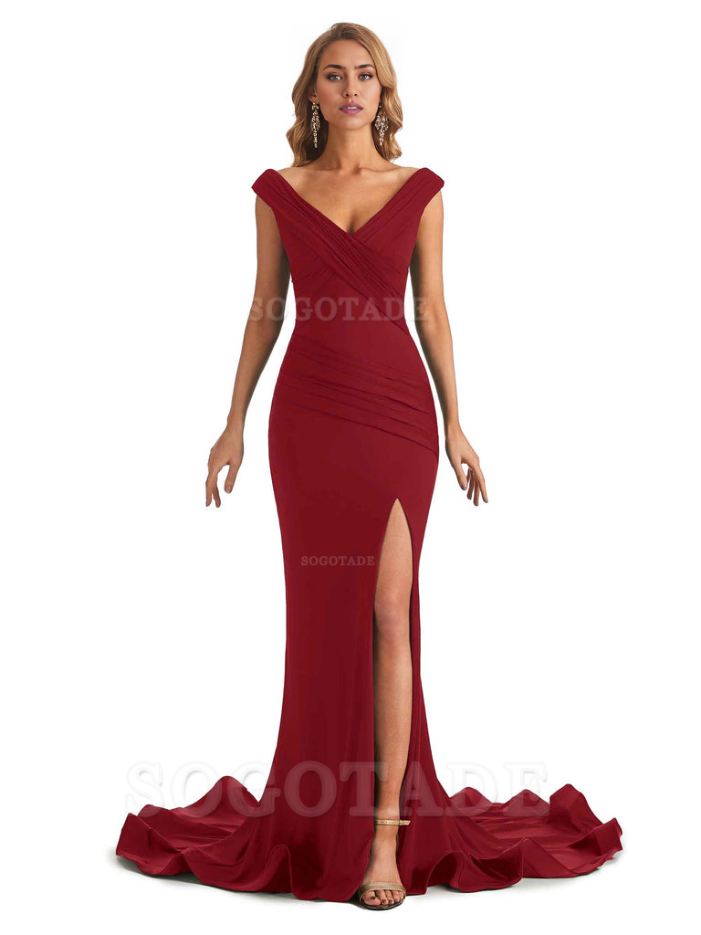 Sexy Mermaid V-Neck Off The Shoulder Side Fork Long Fashion Bridesmaid Dresses Formal Women's Dresses Wedding Guests Dresses