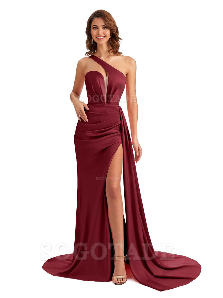 Mermaid One Shoulder Satin formal dresses evening gown Bridesmaid Dresses With Side Slit