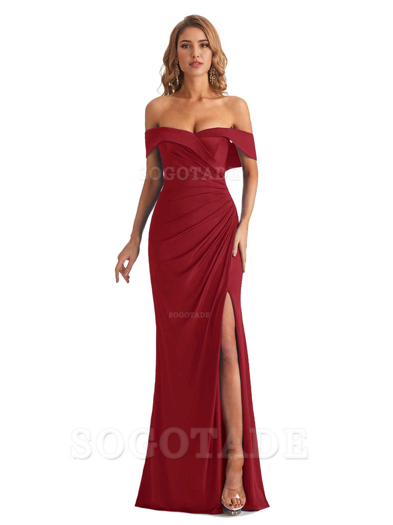 Sexy Mermaid Cultivate oneself Off The Shoulder Pleated Side Slit Long Bridesmaid Dresses Formal Women's Dresses Wedding Guests Dresses