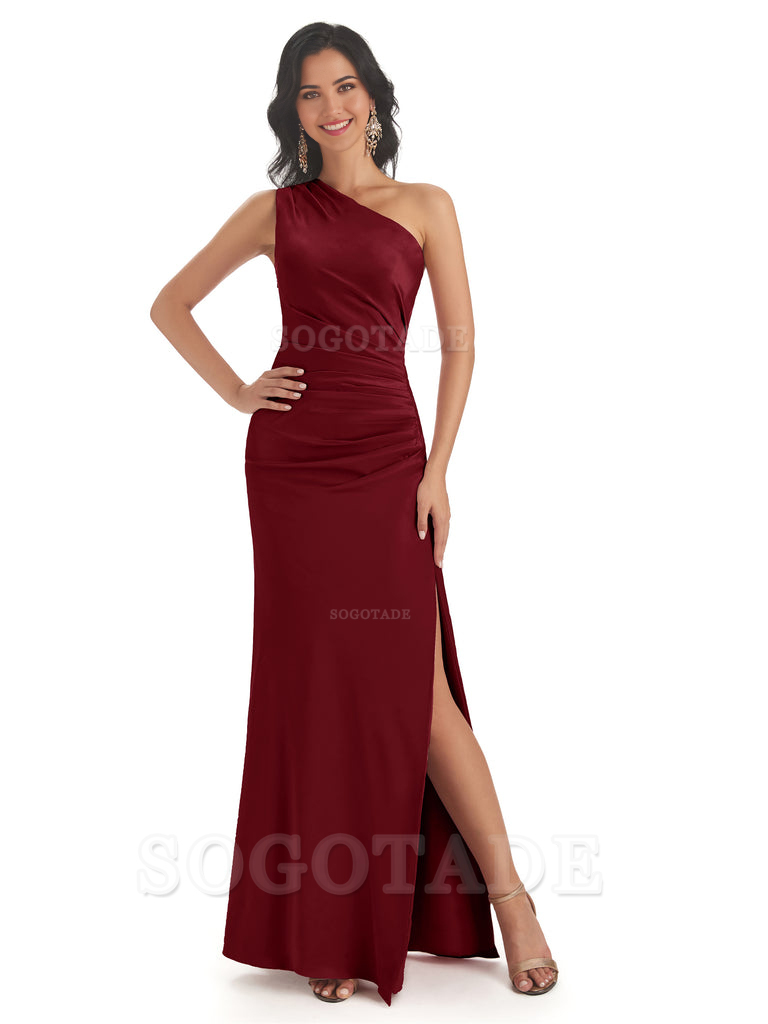Mermaid One Shoulder Satin formal dresses evening gown Bridesmaid Dresses With Side Slit 