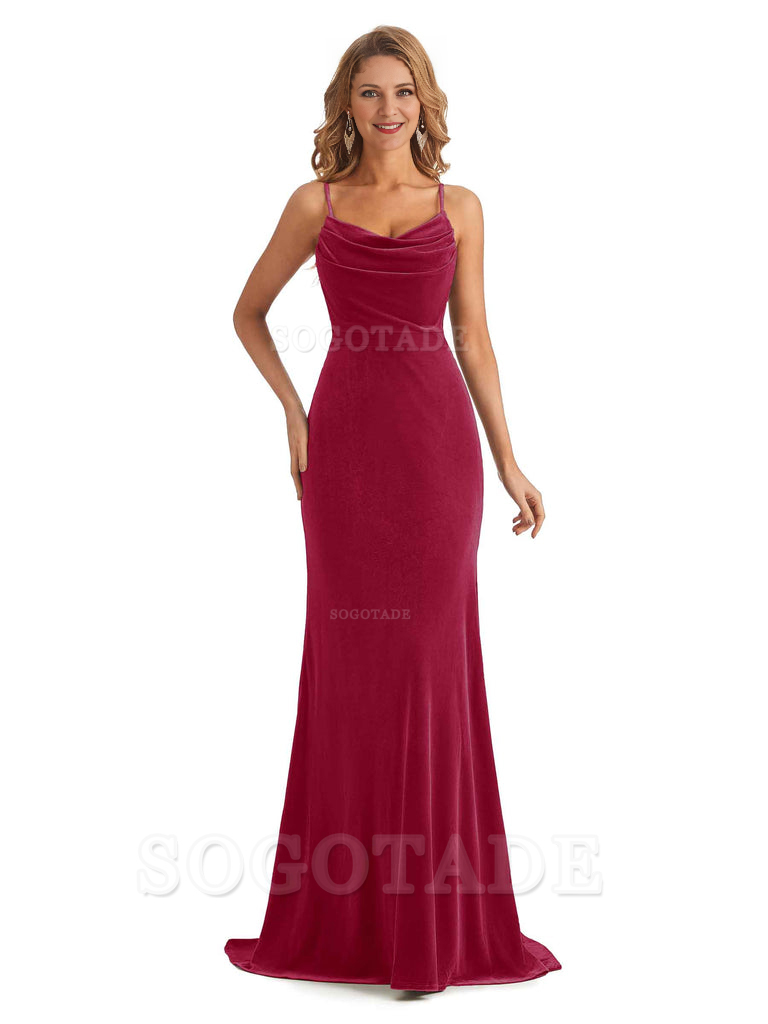 Elegant High Quality Mermaid Spaghetti Straps Cowl Velvet Side Slit Long Exquisite Bridesmaid Dresses Formal Women's Dresses Wedding Guests Dresses