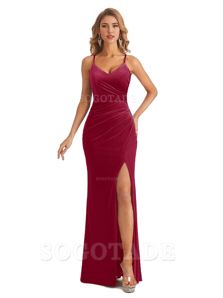Elegant Mermaid Spaghetti Straps V-Neck Velvet Side Slit Long Bridesmaid Dresses Bridesmaid Dresses Formal Wear Dresses