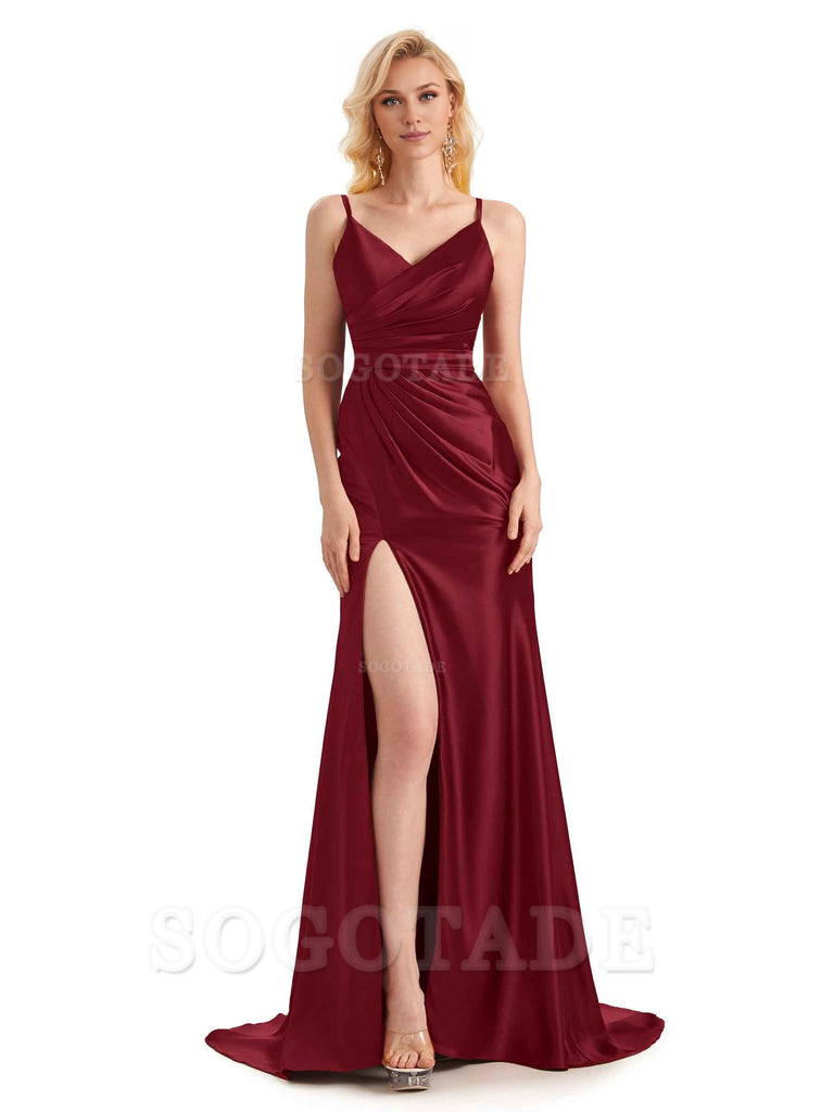 Sexy Charming Side Slit V-Neck Pleated Spaghetti Straps Backless Satin Bridesmaid Dresses Formal Women's Dresses Wedding Guests Dresses