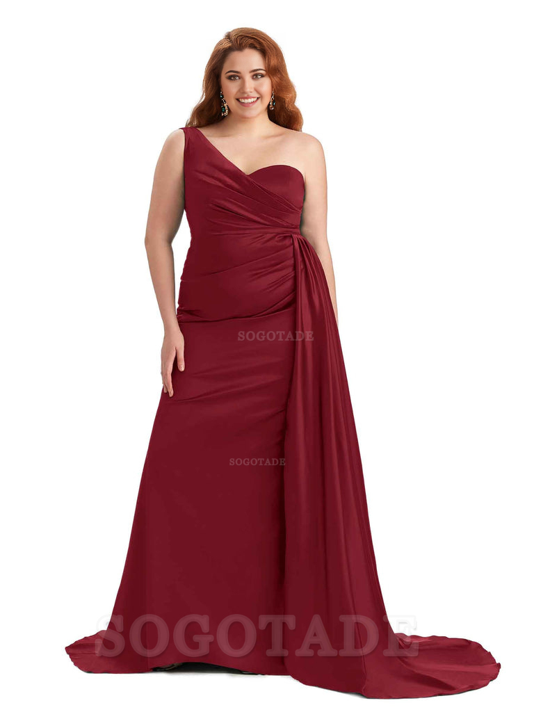 Sexy One Shoulder Sleeveless Mermaid Soft Satin Long Plus Size With Train Bridesmaid Gowns