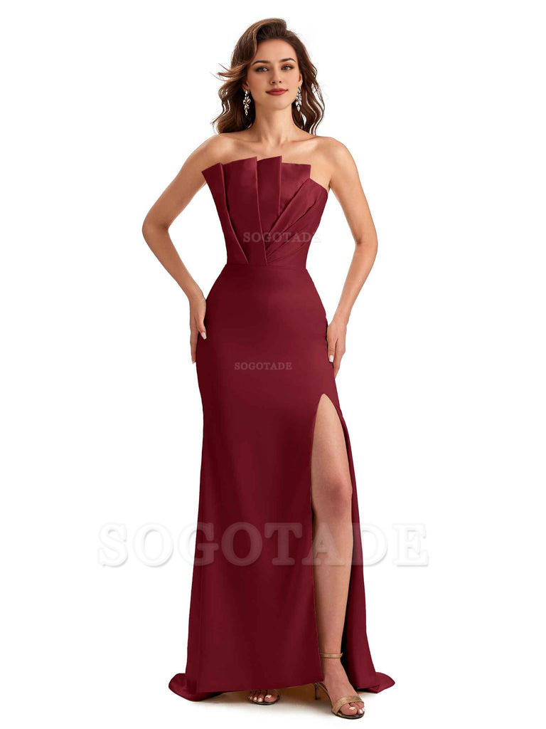 Unique Soft Satin Side Slit Asymmetrical Neckline Mermaid Long Bridesmaid Dresses