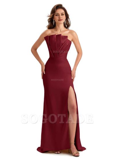 Unique Soft Satin Side Slit Asymmetrical Neckline Mermaid Long Bridesmaid Dresses