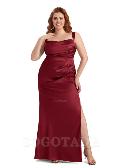 Sexy Side Slit Mermaid Wide Straps Soft Satin Long Plus Size Maid of Bridesmaid Dresses