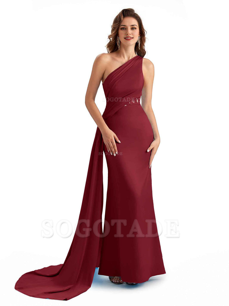 Sexy Mermaid Silky Satin One Shoulder Lace See Through Long Bridesmaid Dresses Online