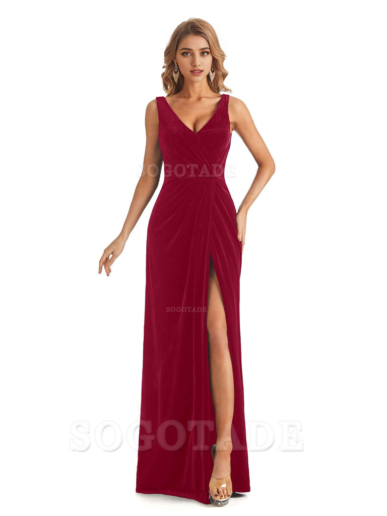 V-Neck Sexy Side Slit Spaghetti Straps Pleated Velvet Long Bridesmaid Dresses Formal Wear Dresses