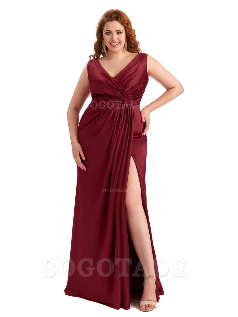 Mermaid V-Neck Satin formal dresses evening gown Bridesmaid Dresses With Side Slit 