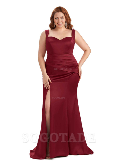 Sexy Side Slit Sleeveless Mermaid Straps Soft Satin Long Plus Size Maid of Bridesmaid Dresses