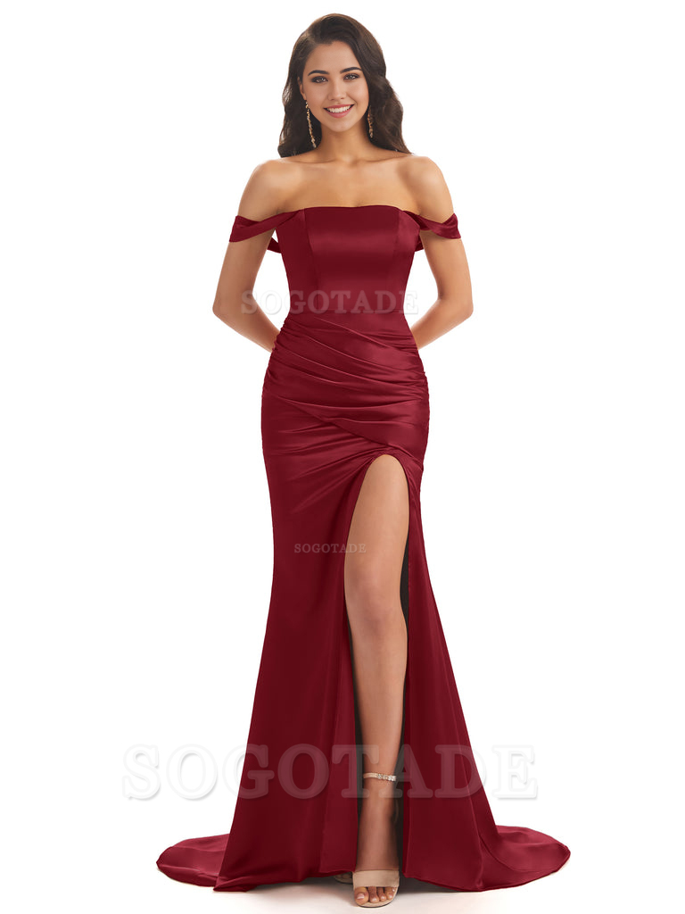 Mermaid Off Shoulder Floor-Length Satin formal dresses evening gown Bridesmaid Dresses With Side Slit 