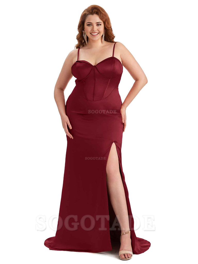 Sexy Spaghetti Straps Side Slit Sleeveless Mermaid Soft Satin Long Bridesmaid Dress Plus Size Dress To Wear to a Wedding
