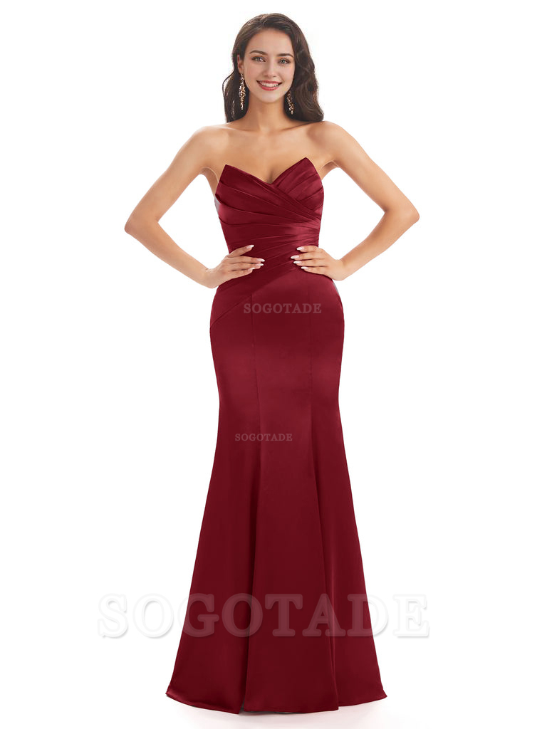 Simple Strapless Sweetheart Soft Satin Mermaid Long Bridesmaid Dresses prom shop dresses