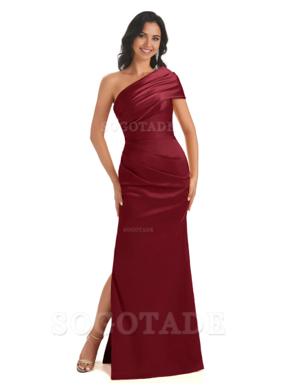 Mermaid One Shoulder Satin Long formal dresses evening gown Bridesmaid Dresses With Side Slit 