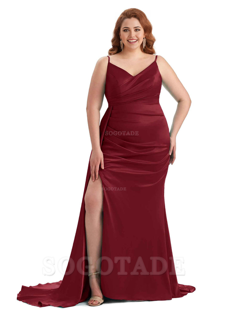 Sexy Side Slit Mermaid Spaghetti Straps V Neck Soft Satin Long Plus Size Maid of Honor Dresses 