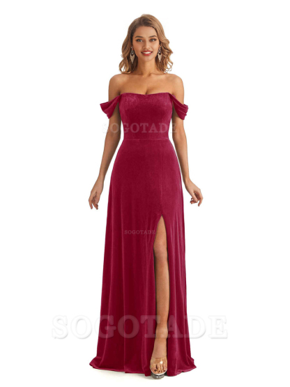 Elegant Mermaid Off The Shoulder Unique Velvet Side Slit Backless Long Bridesmaid Dresses Formal Wear Dresses