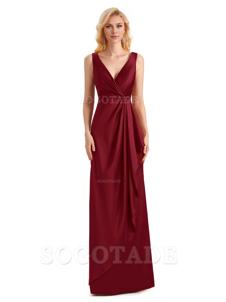 V Neck Elegant Soft Satin Formal Long Maid Bridesmaid Dresses Formal Wear Dresses