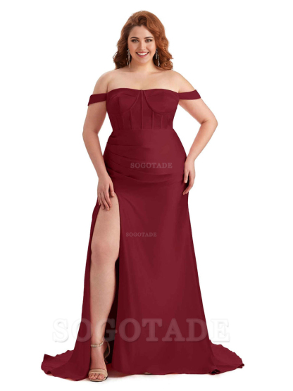 Elegant Off The Shoulder Side Slit Mermaid Soft Satin Floor Length Long Plus Size Bridesmaid Gowns