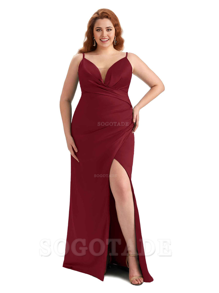 Sexy Side Slit Spaghetti Straps Sleeveless Mermaid V-neck Soft Satin Long Plus Size Bridesmaid Dress For Wedding