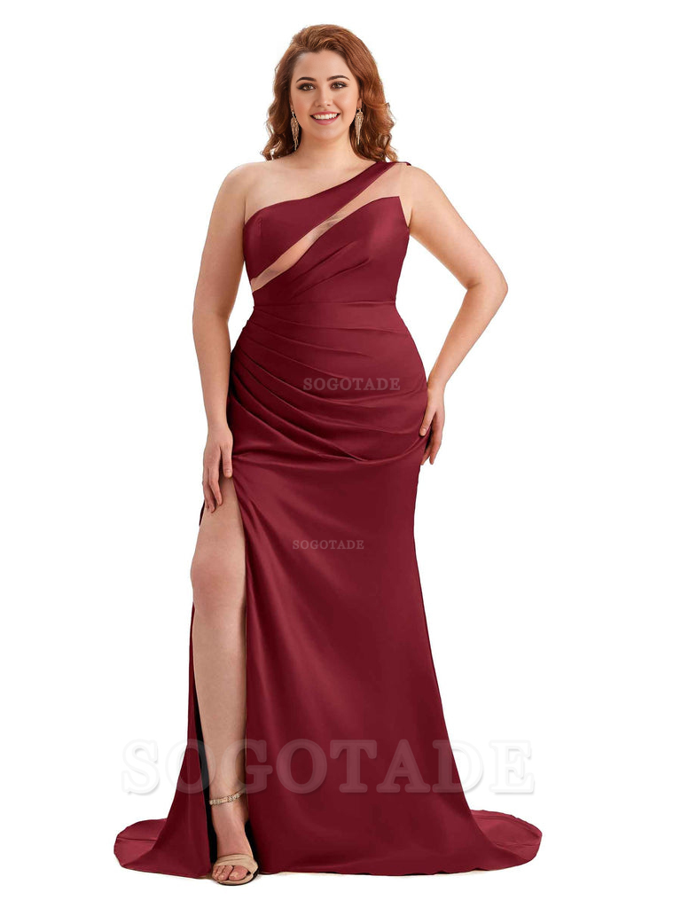 Sexy Unique Sleeveless One Shoulder Side Hight Slit Mermaid Soft Satin Long Plus Size Maid of Honour Dresses