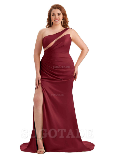 Sexy Unique Sleeveless One Shoulder Side Hight Slit Mermaid Soft Satin Long Plus Size Maid of Honour Dresses