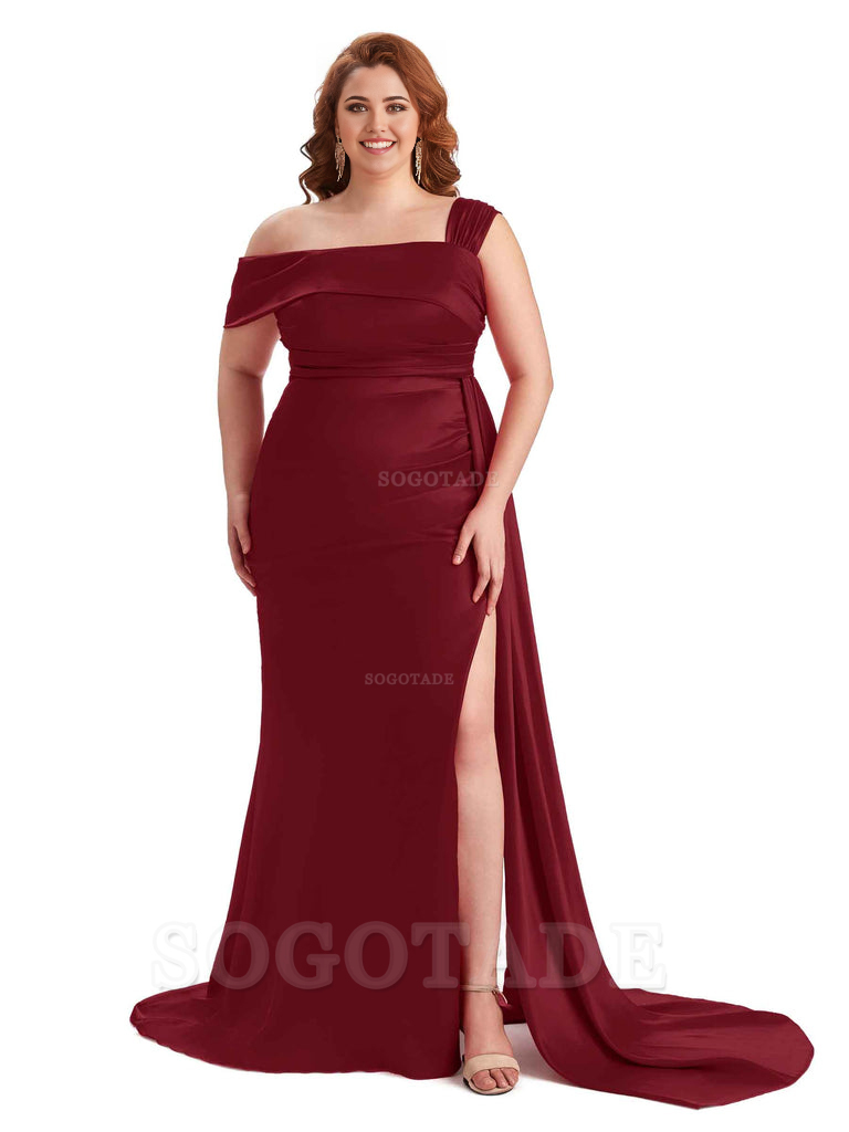 Sexy Side Hight Slit One Shoulder Mermaid Soft Satin Long Plus Size With Train Matron of Honor Dresses