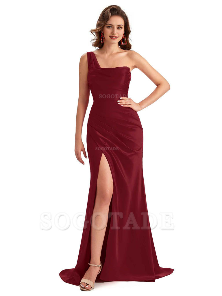 Sexy One Shoulder Side Slit Silky Satin Chic Long Mermaid Trumpet Bridesmaid Dress