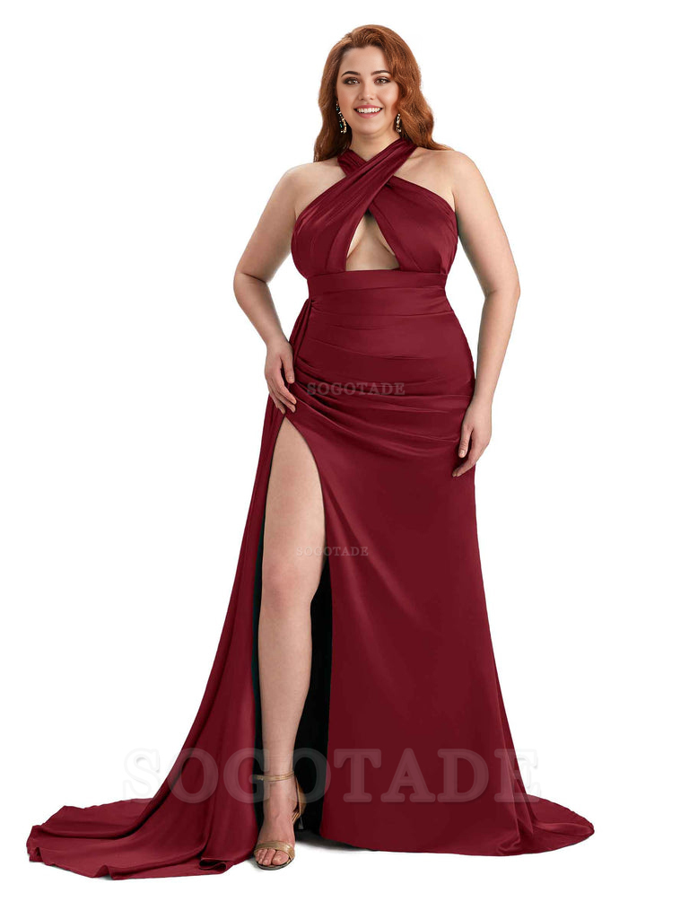 Sexy Halter Side Hight Slit Sleeveless Mermaid Soft Satin Long Plus Size Bridesmaid Dress For Wedding