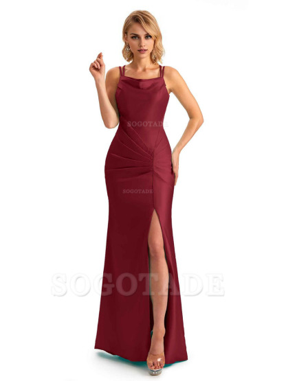 Soft Satin Spaghetti Straps Side Slit Long Unique Mermaid Beautiful Dresses For Wedding