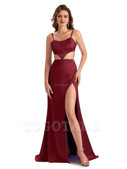 Sexy Satin Side Slit Spaghetti Straps Mermaid Long Unique Curve Wedding Guest Dresses