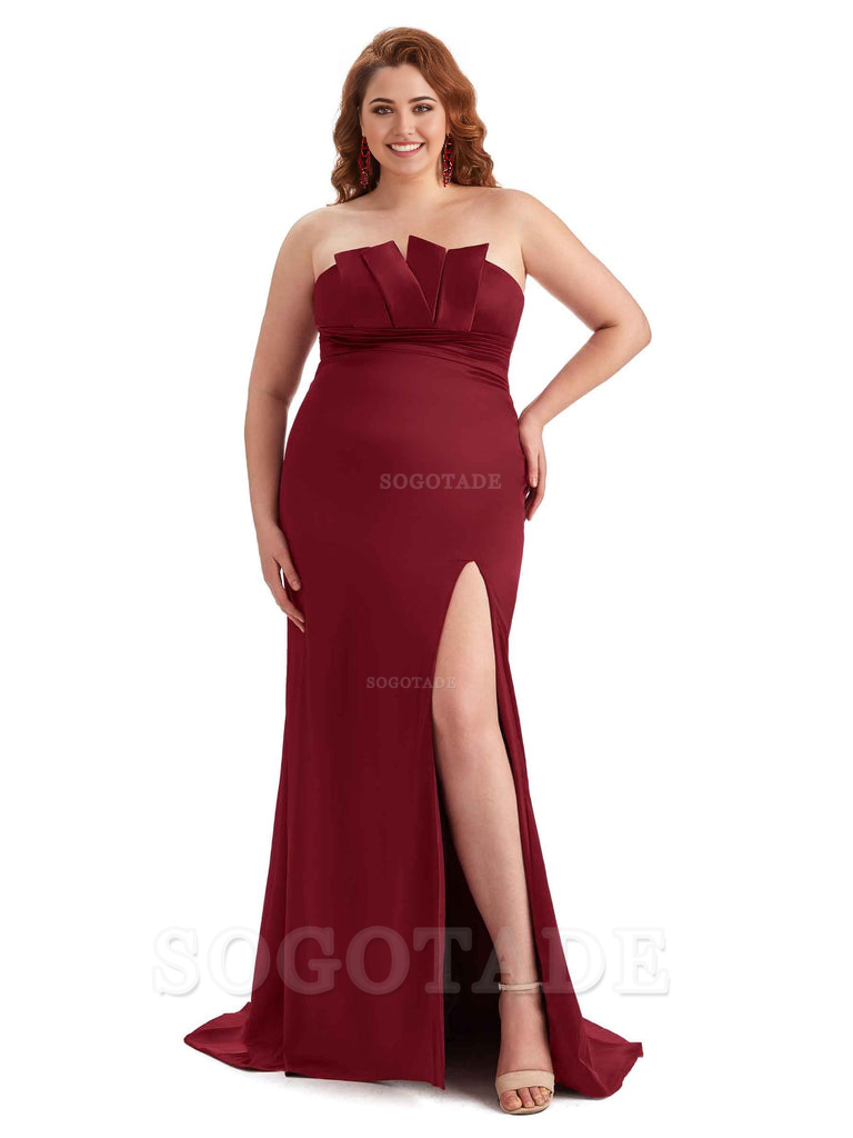 Sexy Side Slit Sleeveless Mermaid Soft Satin Long Plus Size Wedding Party Dresses For Wedding