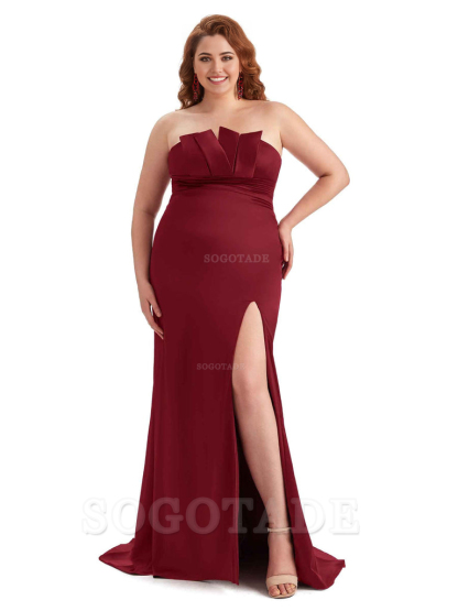 Sexy Side Slit Sleeveless Mermaid Soft Satin Long Plus Size Wedding Party Dresses For Wedding
