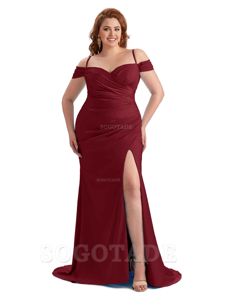 Sexy Side Slit Sleeveless Cold Shoulder Mermaid Soft Satin Long Plus Size Maid of Honor Dresses