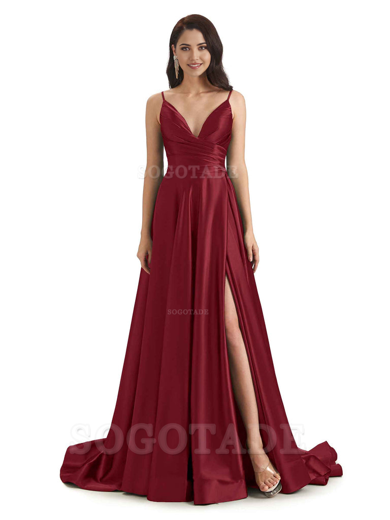 Spaghetti Straps Satin formal dresses evening gown Bridesmaid Dresses With Side Slit 