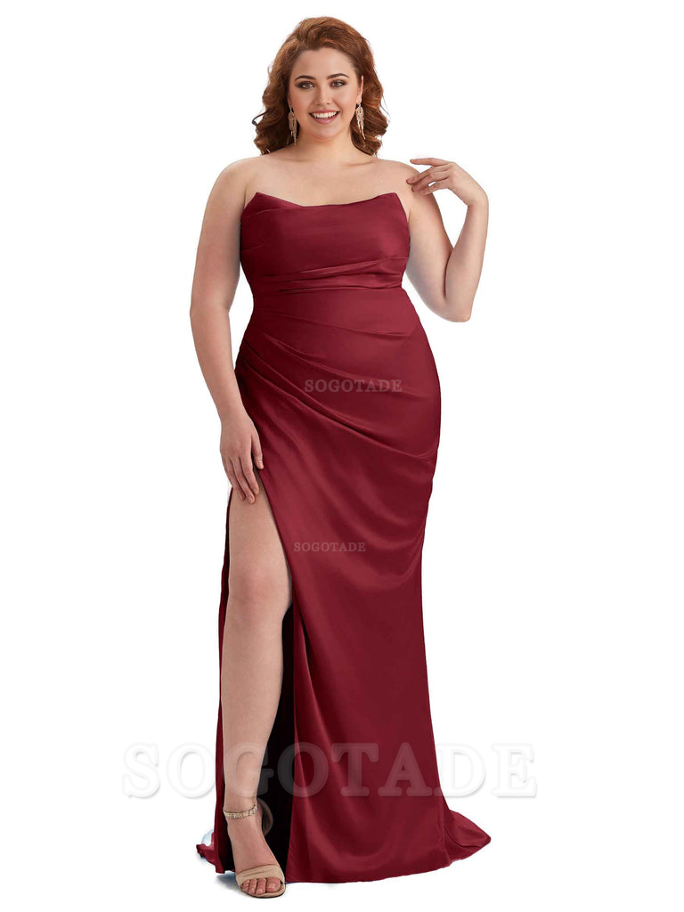 Sexy Side Slit Sleeveless Strapless Mermaid Soft Satin Long Plus Size Bridesmaid Dresses For Wedding