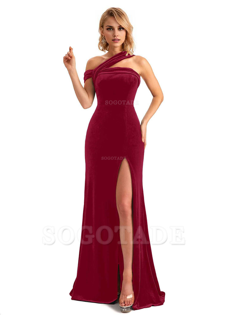 Sexy Mermaid Asymmetric Velvet Side Slit Long Bridesmaid Dresses