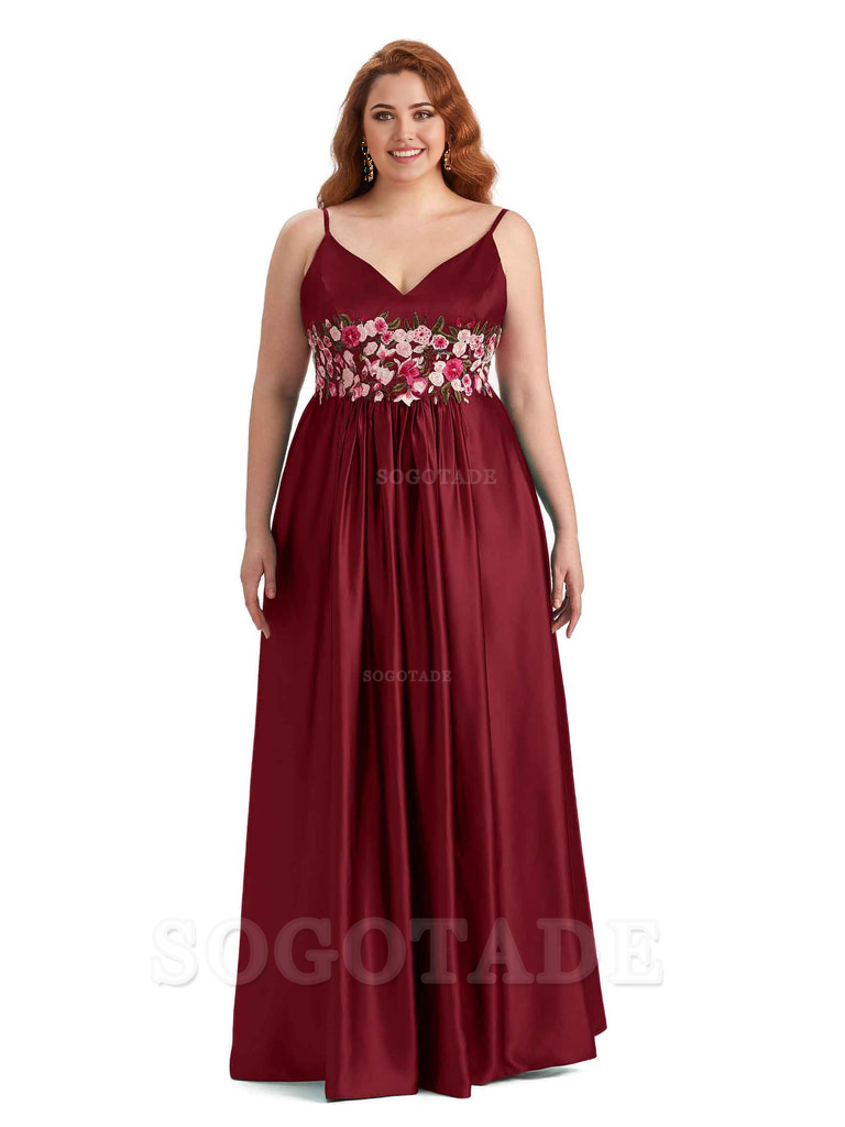 Unique Lace Spaghetti Straps Sleeveless Soft Satin Long Plus Size Bridesmaid Dress For Wedding