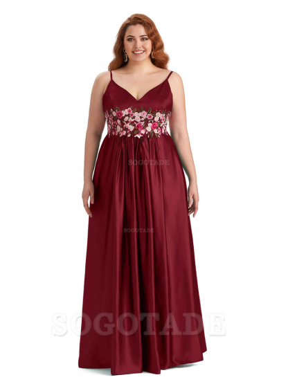 Unique Lace Spaghetti Straps Sleeveless Soft Satin Long Plus Size Bridesmaid Dress For Wedding